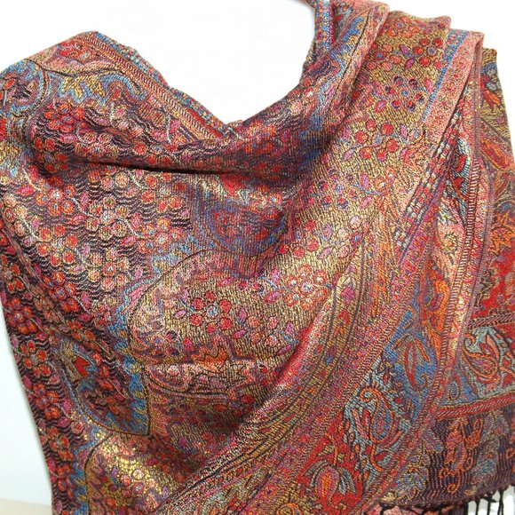 Red Metallic Paisley Pashmina Scarf | Shawl for Women Red Golden Sparkling Scarf - Picture 1 of 5